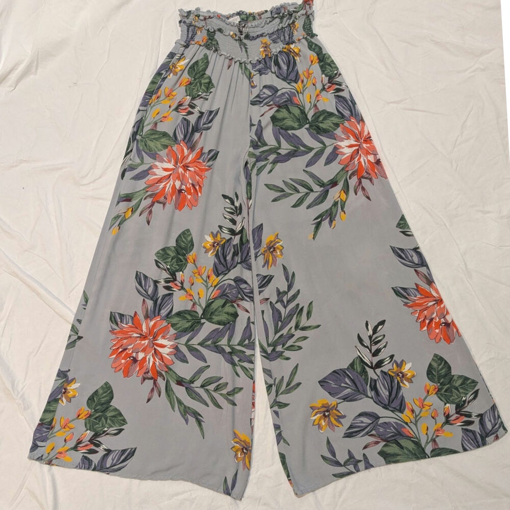 Flowy Tropical Morning Rayon Pants, ruched elastic waist, size S